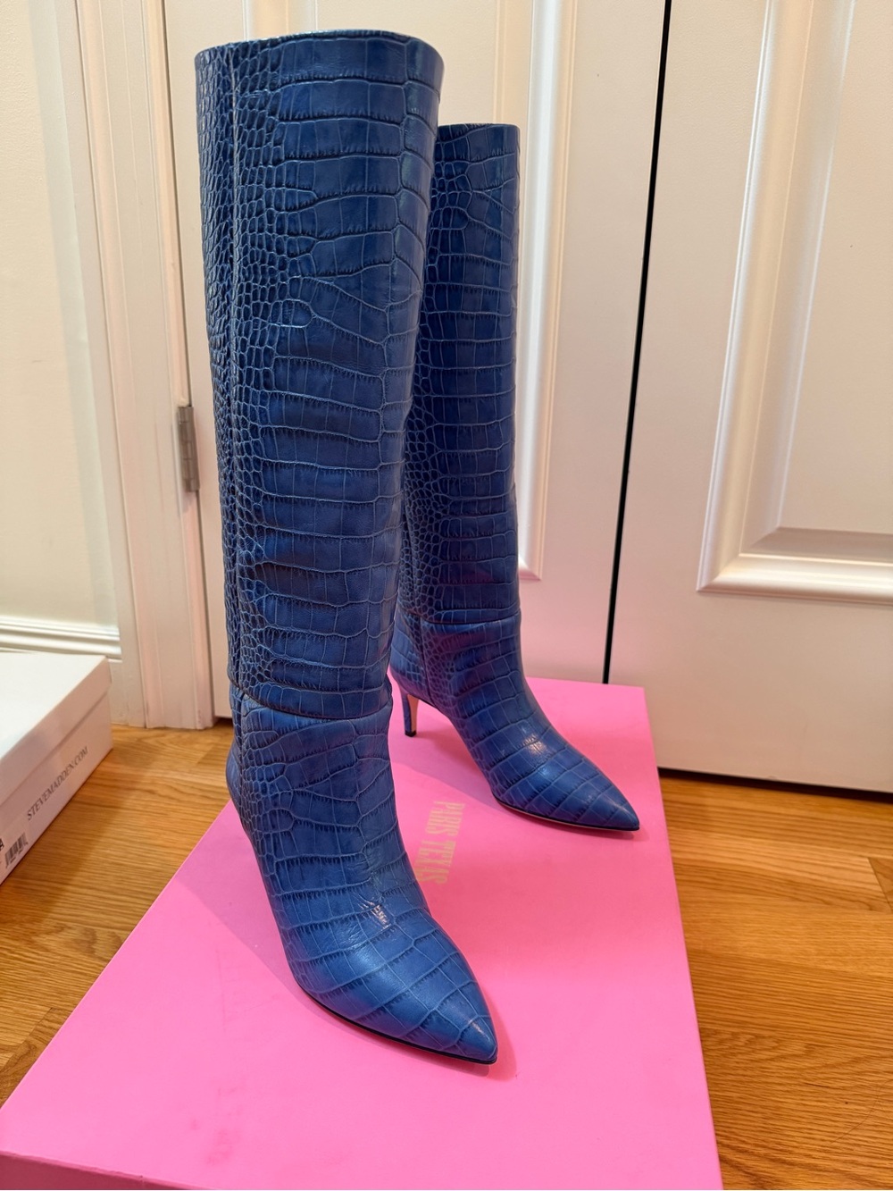 Paris Texas Royal Blue Croc-Embossed Knee-High Pointed Boots
